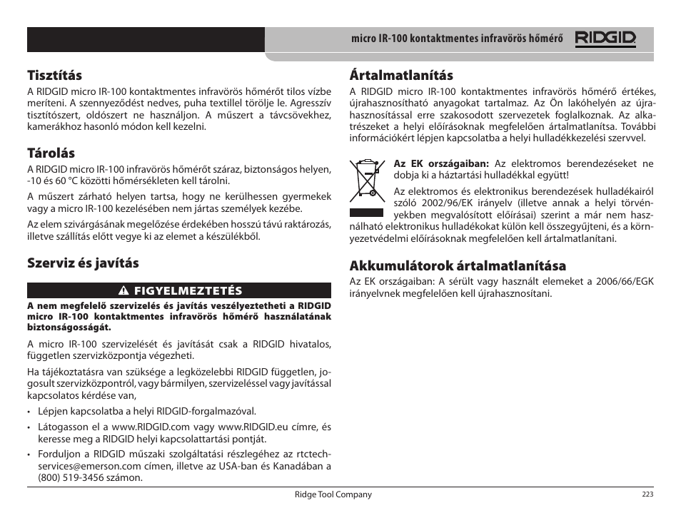 Akkumulátorok ártalmatlanítása, Tisztítás, Tárolás | Szerviz és javítás, Ártalmatlanítás | RIDGID micro IR-100 User Manual | Page 225 / 312