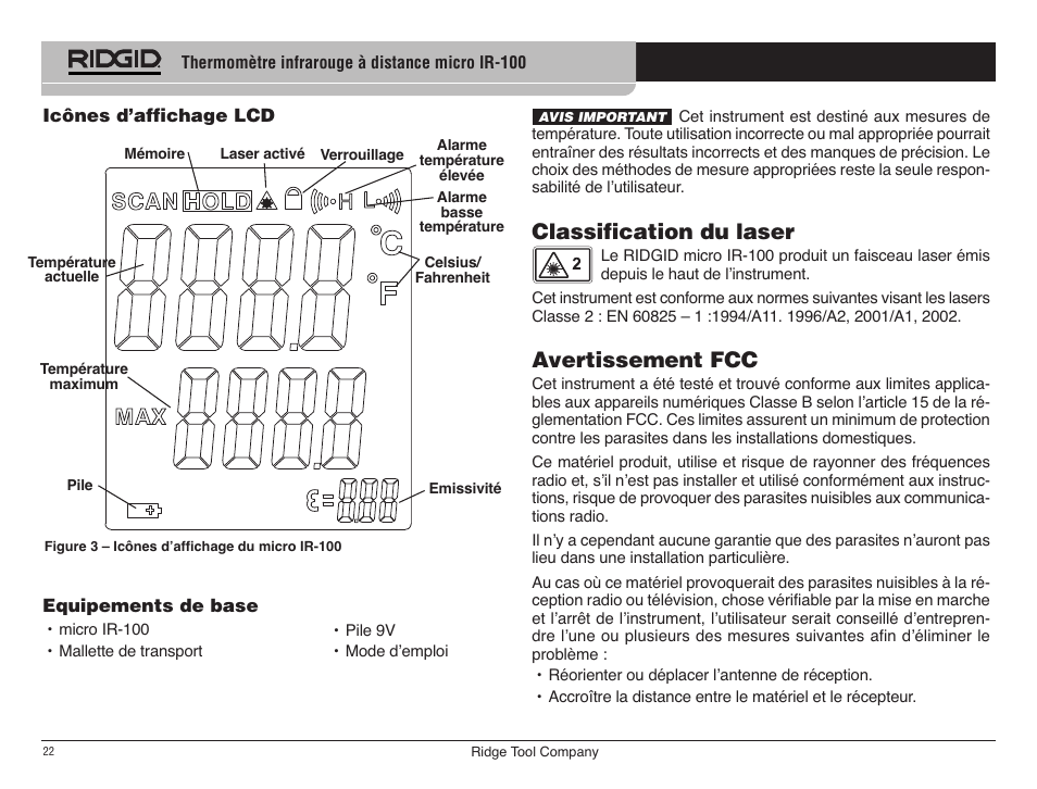 Classification du laser, Avertissement fcc | RIDGID micro IR-100 User Manual | Page 24 / 312