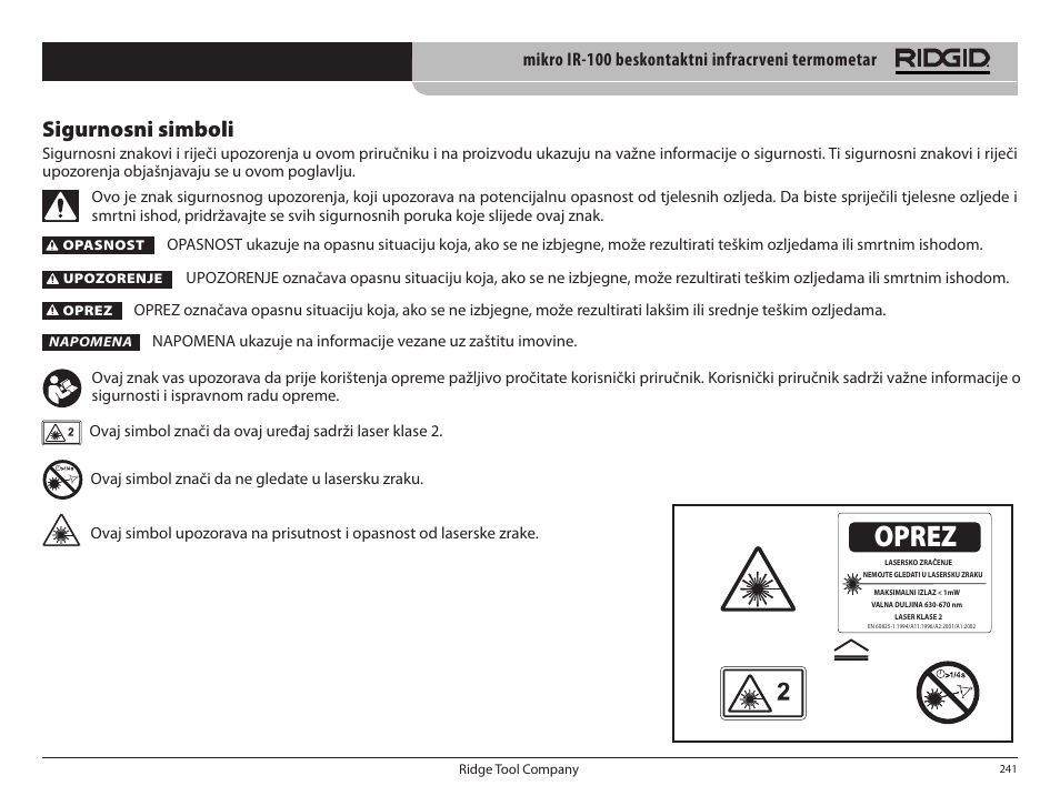 Oprez, Sigurnosni simboli | RIDGID micro IR-100 User Manual | Page 243 / 312