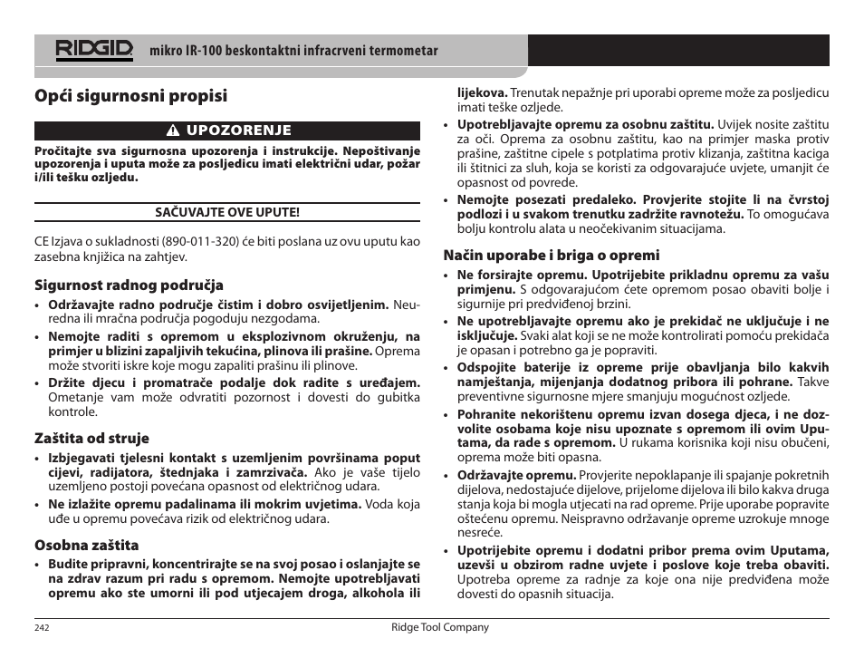 Opći sigurnosni propisi | RIDGID micro IR-100 User Manual | Page 244 / 312