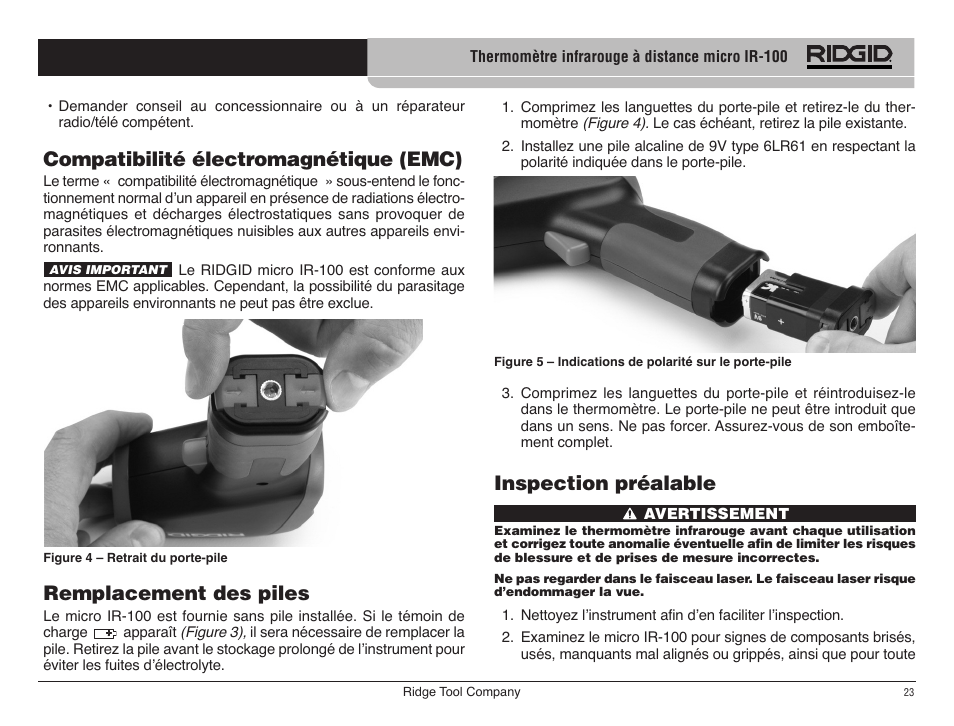 Compatibilité électromagnétique (emc), Remplacement des piles, Inspection préalable | RIDGID micro IR-100 User Manual | Page 25 / 312