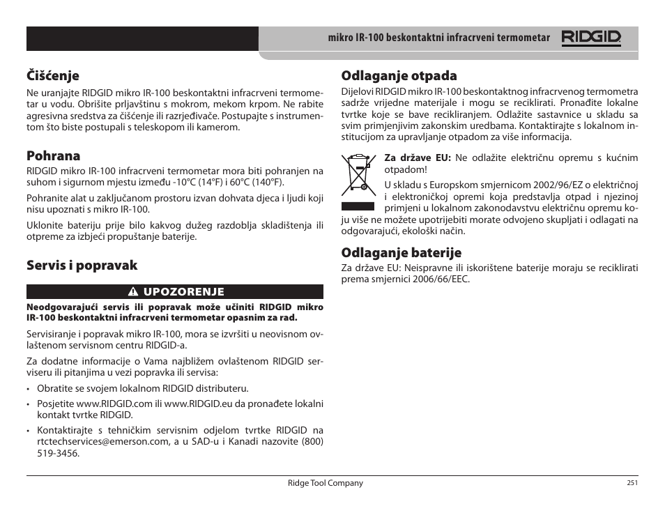 Čišćenje, Pohrana, Servis i popravak | Odlaganje otpada, Odlaganje baterije | RIDGID micro IR-100 User Manual | Page 253 / 312