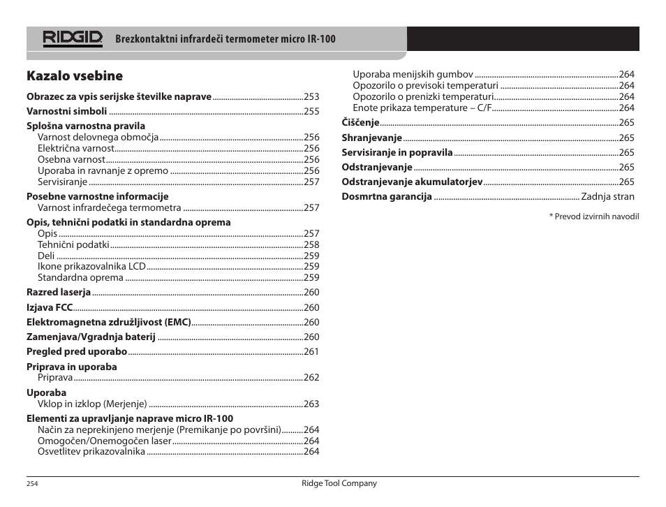 Kazalo vsebine | RIDGID micro IR-100 User Manual | Page 256 / 312