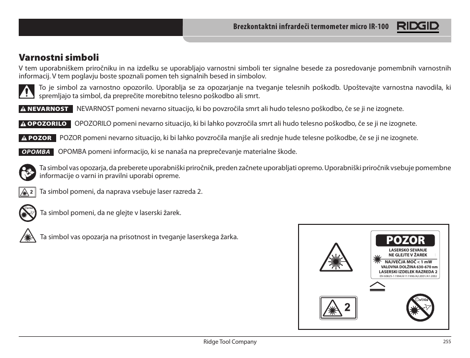 Pozor, Varnostni simboli | RIDGID micro IR-100 User Manual | Page 257 / 312