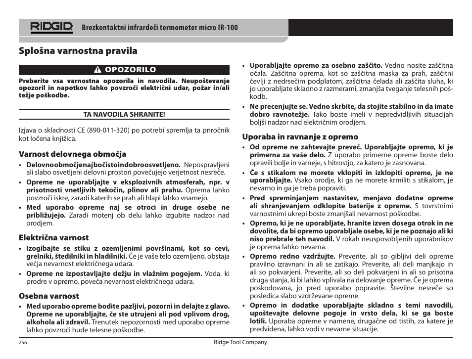 Splošna varnostna pravila | RIDGID micro IR-100 User Manual | Page 258 / 312