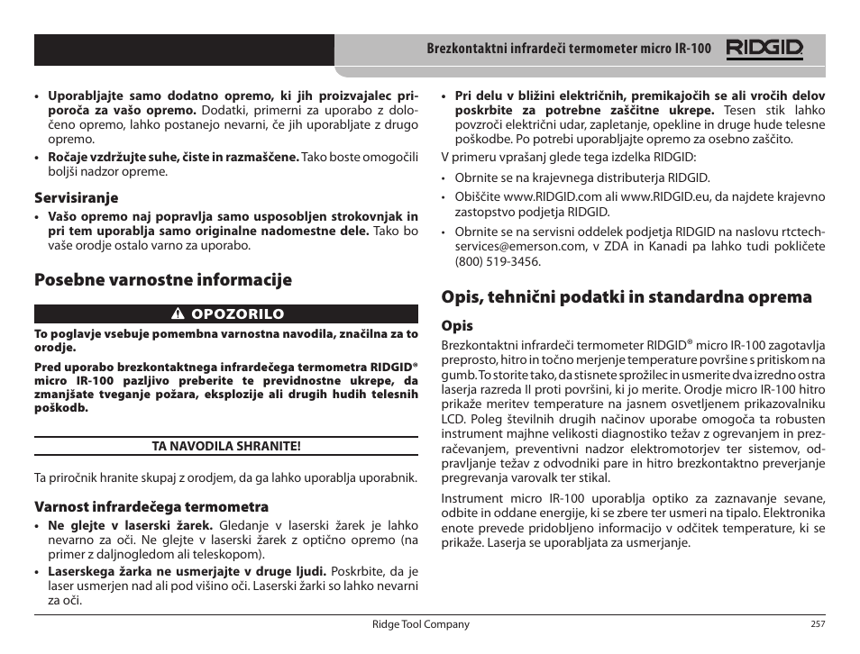 Posebne varnostne informacije, Opis, tehnični podatki in standardna oprema | RIDGID micro IR-100 User Manual | Page 259 / 312