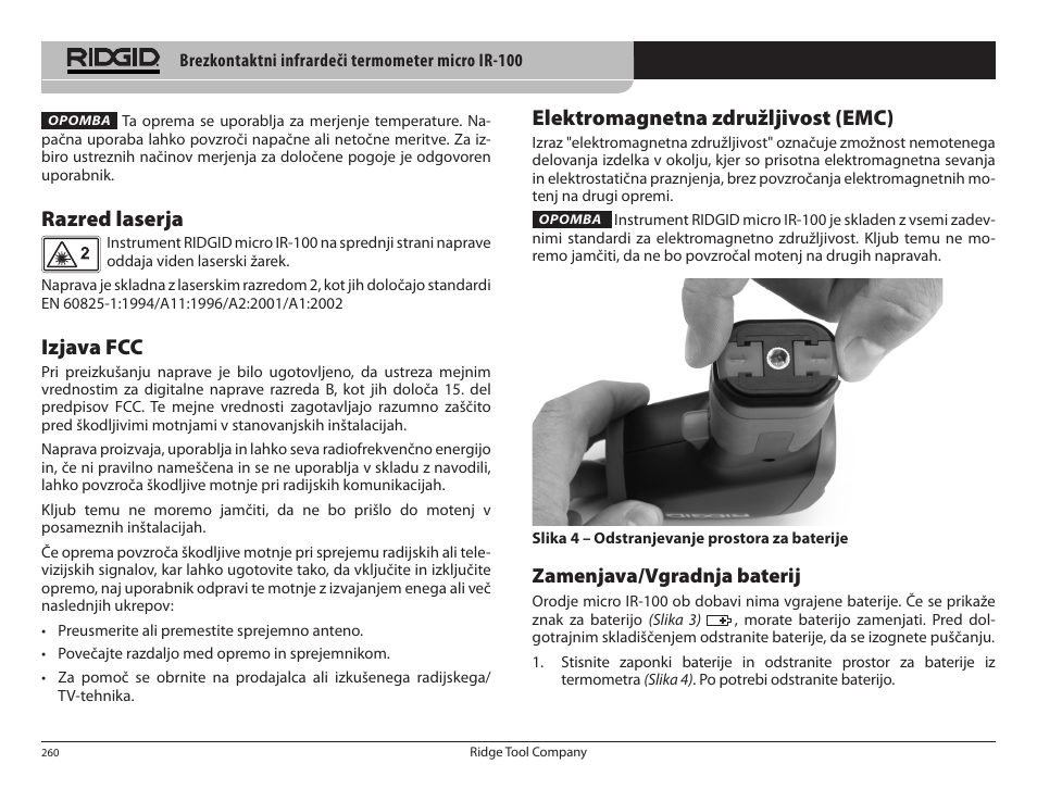 Razred laserja, Izjava fcc, Elektromagnetna združljivost (emc) | Zamenjava/vgradnja baterij | RIDGID micro IR-100 User Manual | Page 262 / 312