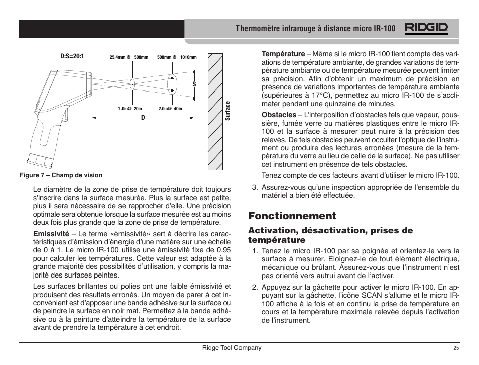 Fonctionnement | RIDGID micro IR-100 User Manual | Page 27 / 312