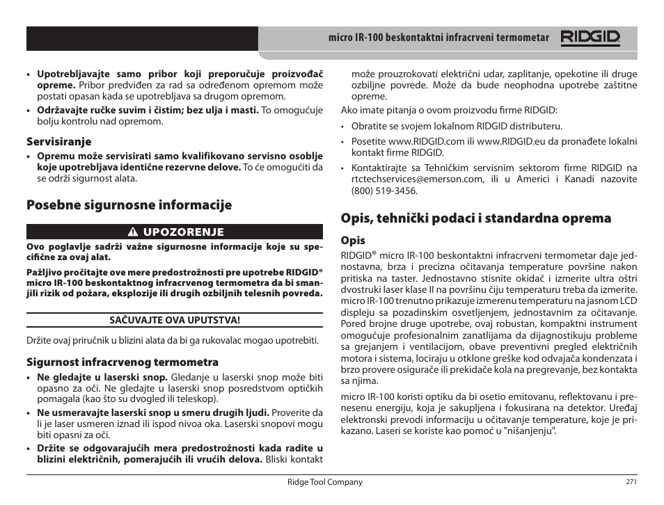 Posebne sigurnosne informacije, Opis, tehnički podaci i standardna oprema | RIDGID micro IR-100 User Manual | Page 273 / 312