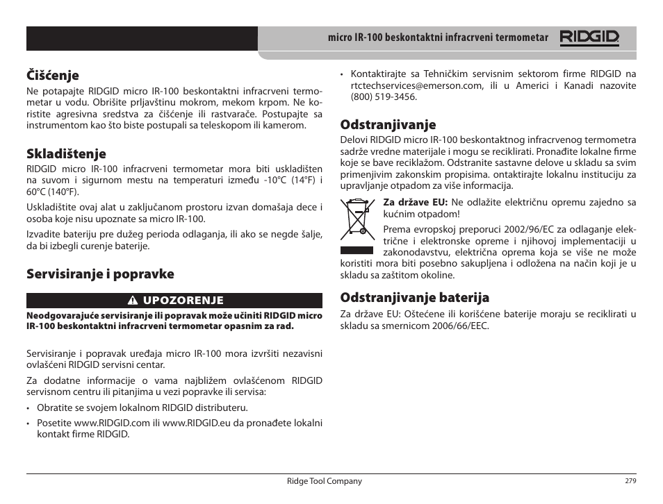 Čišćenje, Skladištenje, Servisiranje i popravke | Odstranjivanje, Odstranjivanje baterija | RIDGID micro IR-100 User Manual | Page 281 / 312