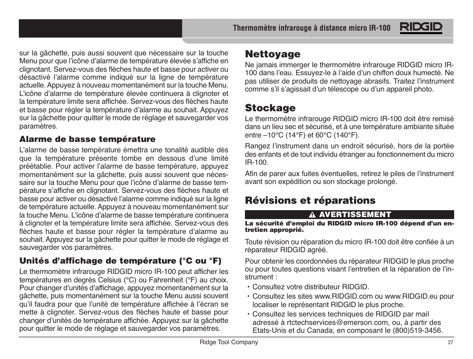 Nettoyage, Stockage, Révisions et réparations | RIDGID micro IR-100 User Manual | Page 29 / 312