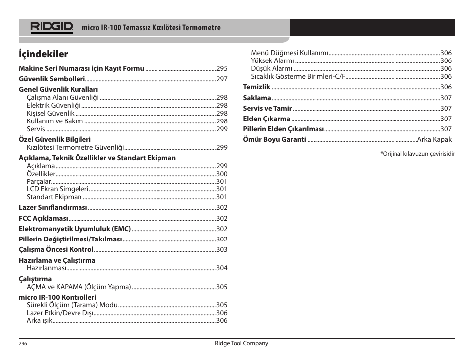 Içindekiler | RIDGID micro IR-100 User Manual | Page 298 / 312