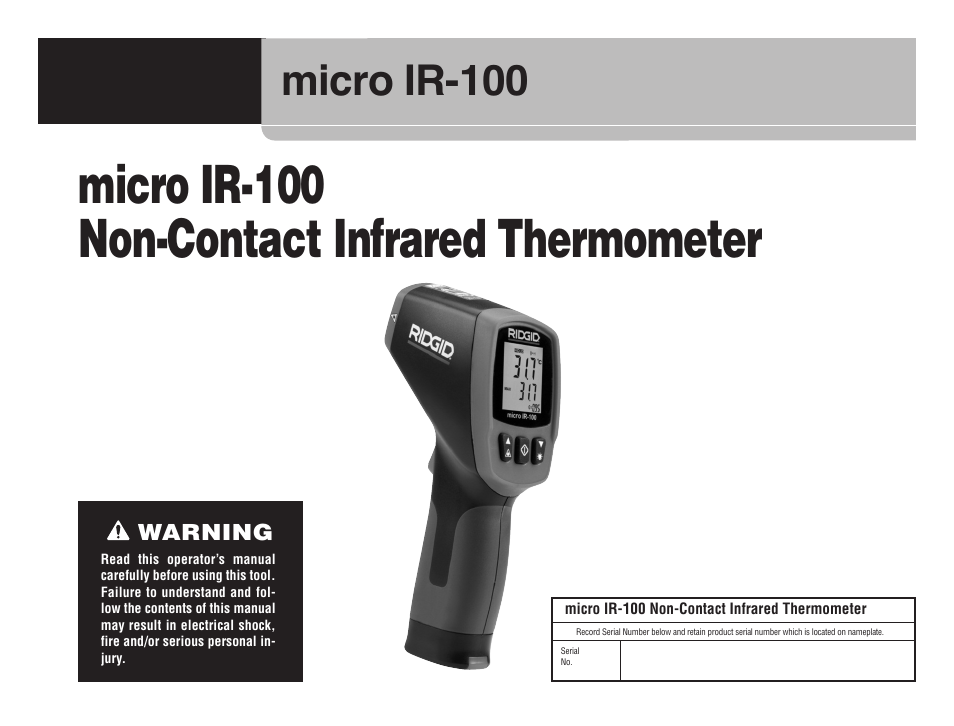 En_09129_ir100, Micro ir-100 non-contact infrared thermometer, Micro ir-100 | Warning | RIDGID micro IR-100 User Manual | Page 3 / 312