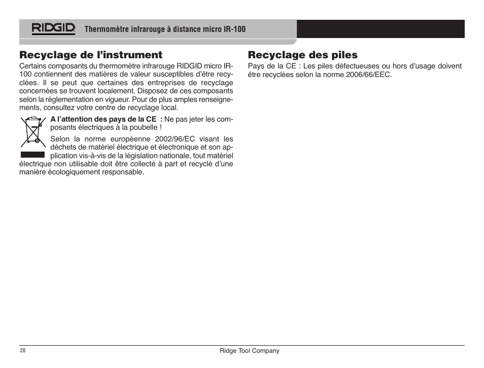 Recyclage des piles, Recyclage de l’instrument | RIDGID micro IR-100 User Manual | Page 30 / 312