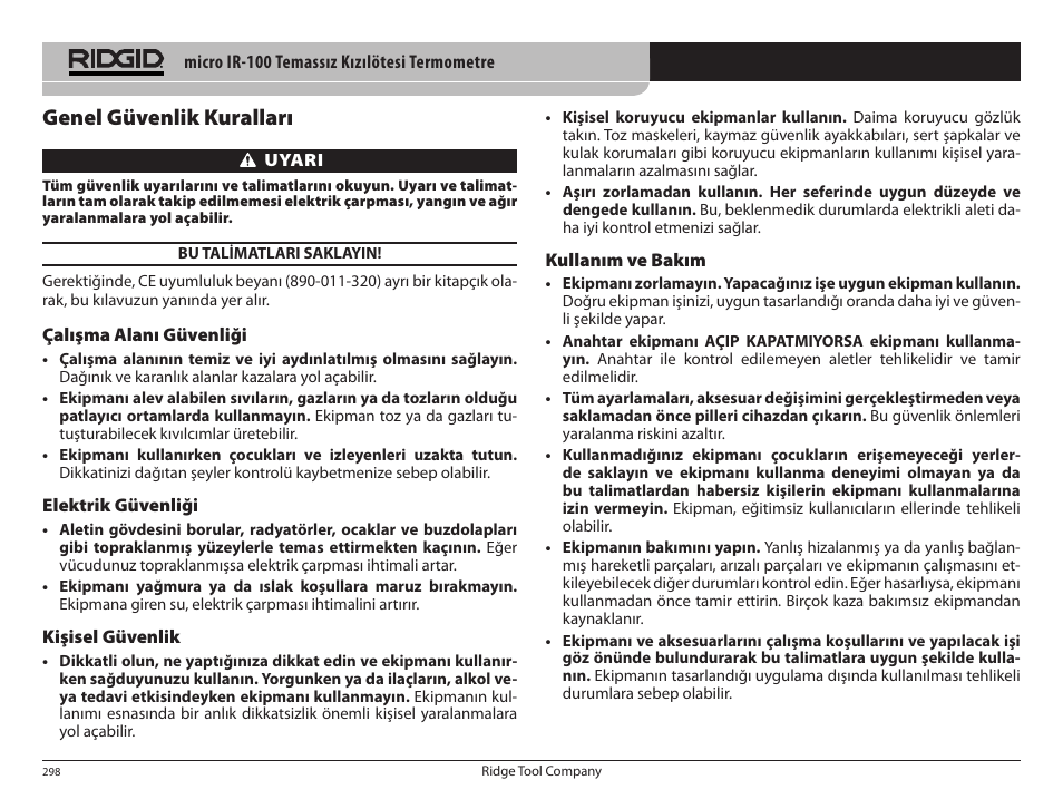 Genel güvenlik kuralları | RIDGID micro IR-100 User Manual | Page 300 / 312