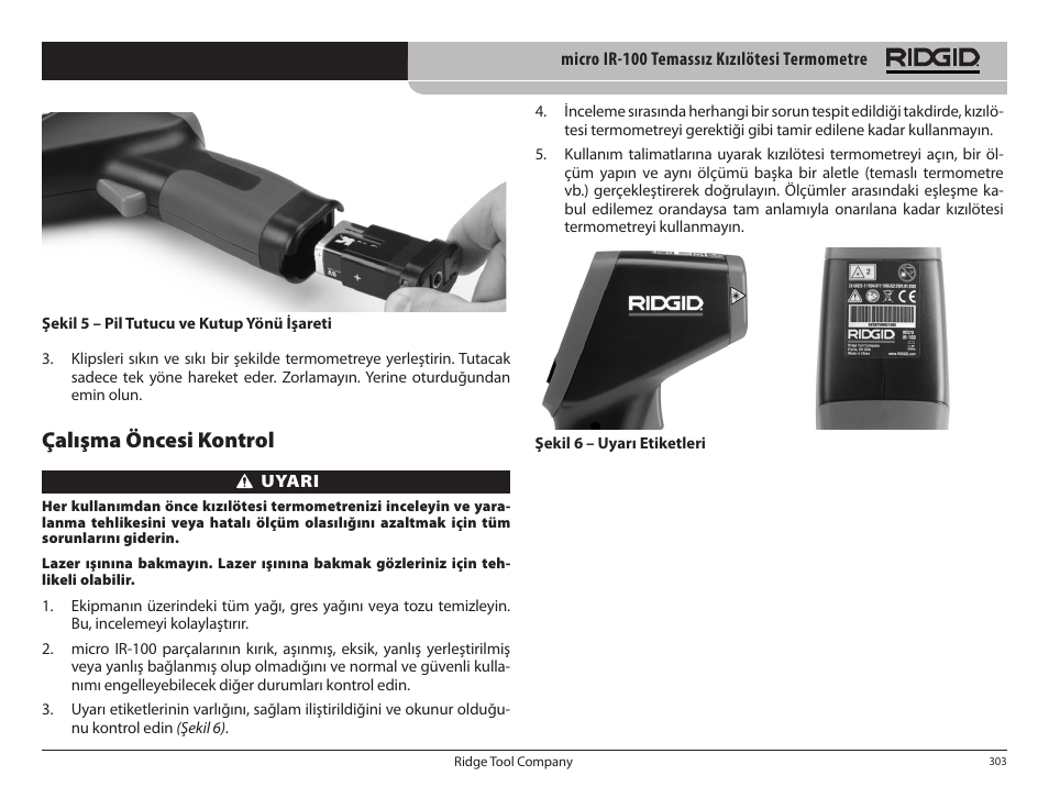 Çalışma öncesi kontrol | RIDGID micro IR-100 User Manual | Page 305 / 312