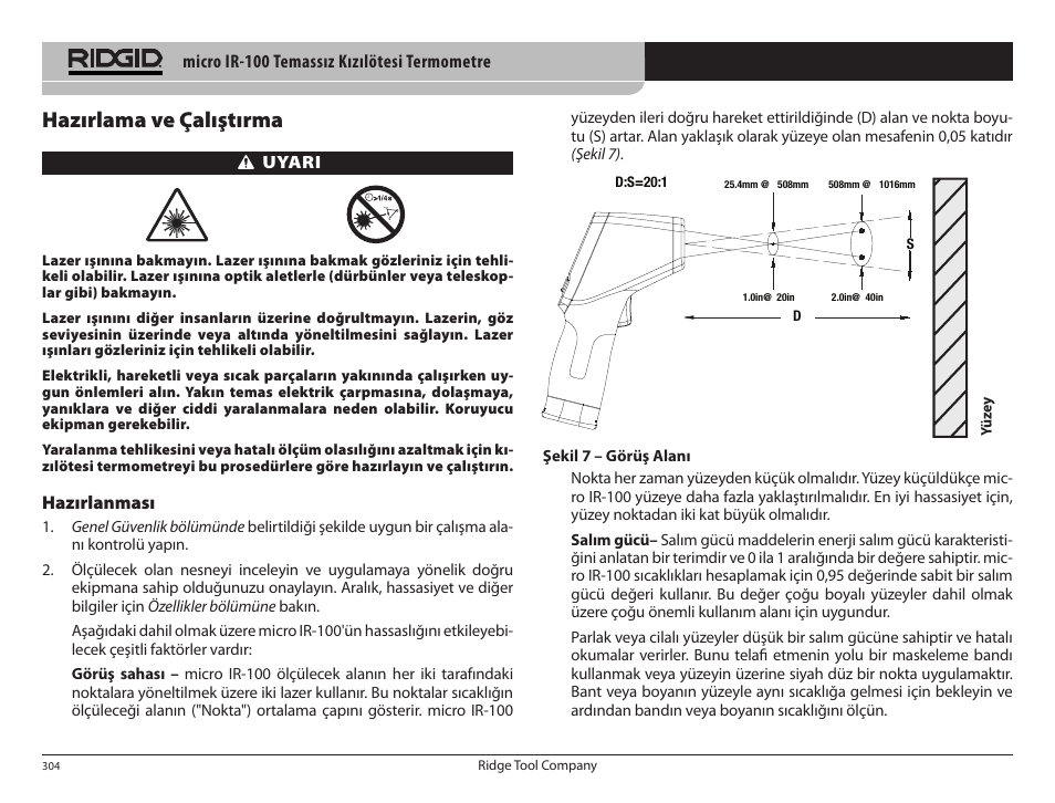 Hazırlama ve çalıştırma | RIDGID micro IR-100 User Manual | Page 306 / 312