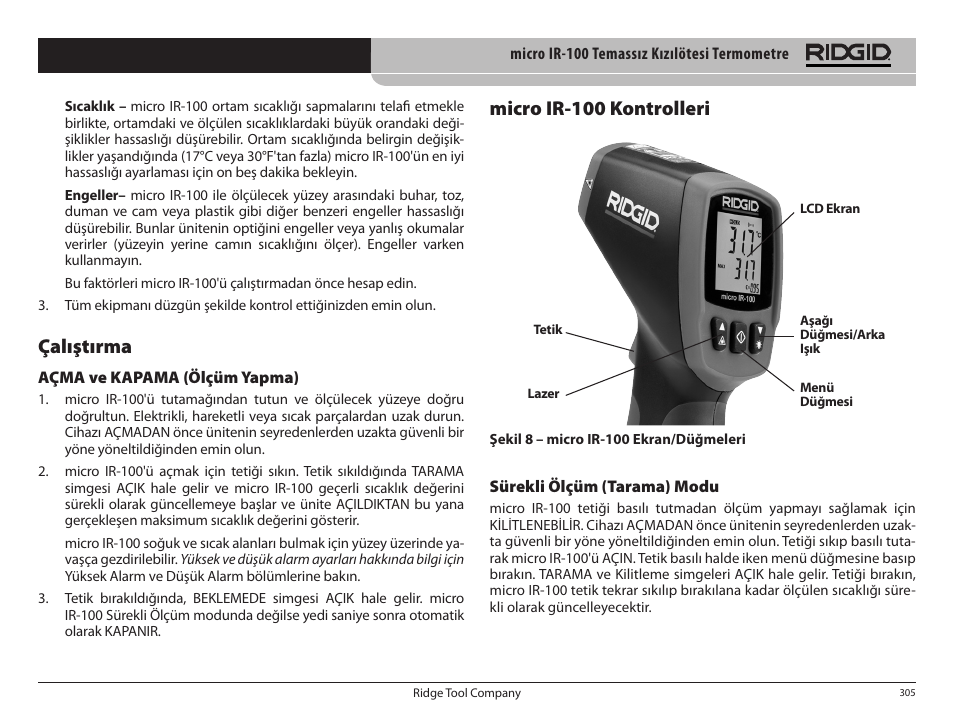 Micro ir-100 kontrolleri, Çalıştırma | RIDGID micro IR-100 User Manual | Page 307 / 312