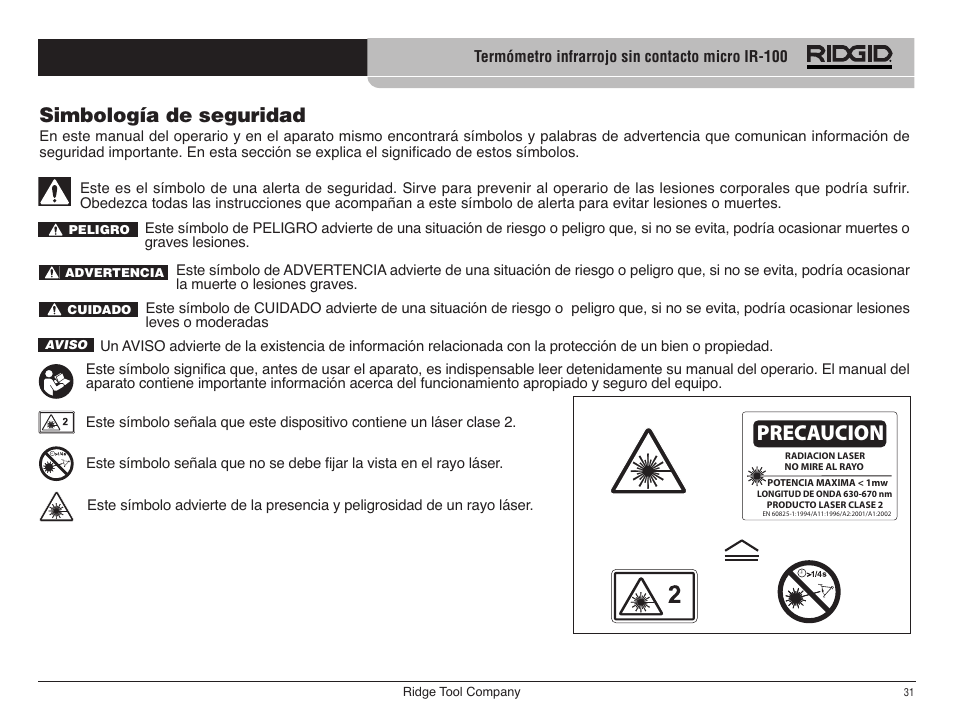 Precaucion, Simbología de seguridad | RIDGID micro IR-100 User Manual | Page 33 / 312