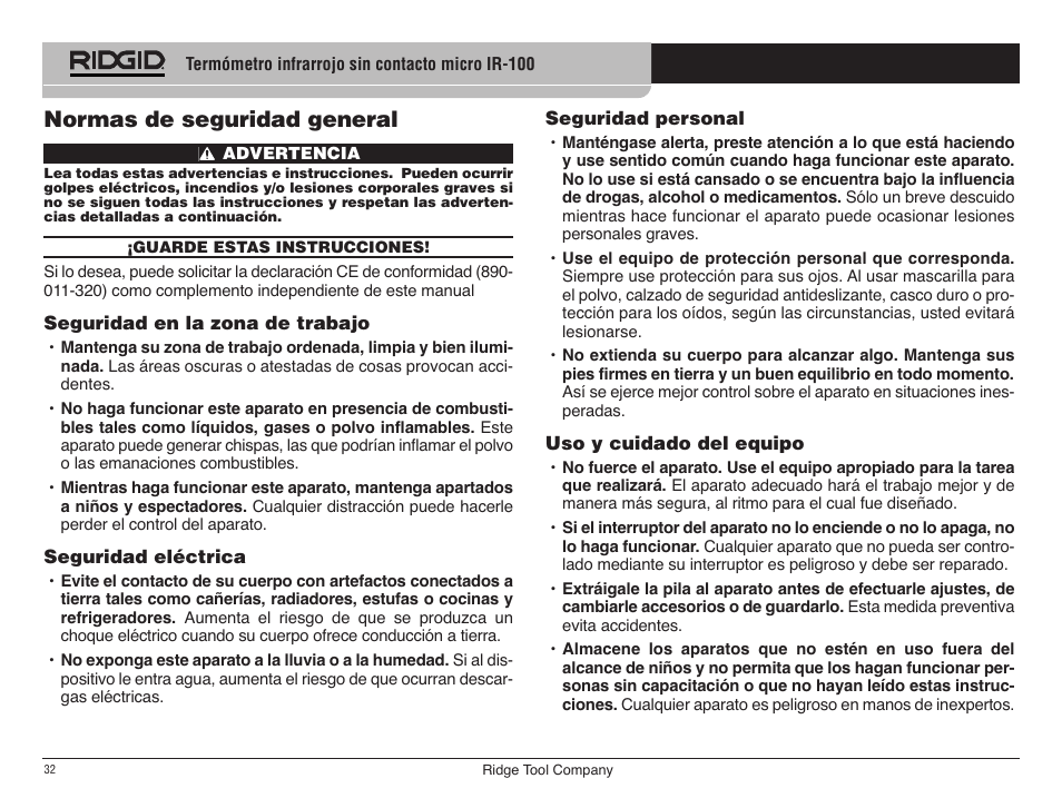 Normas de seguridad general | RIDGID micro IR-100 User Manual | Page 34 / 312