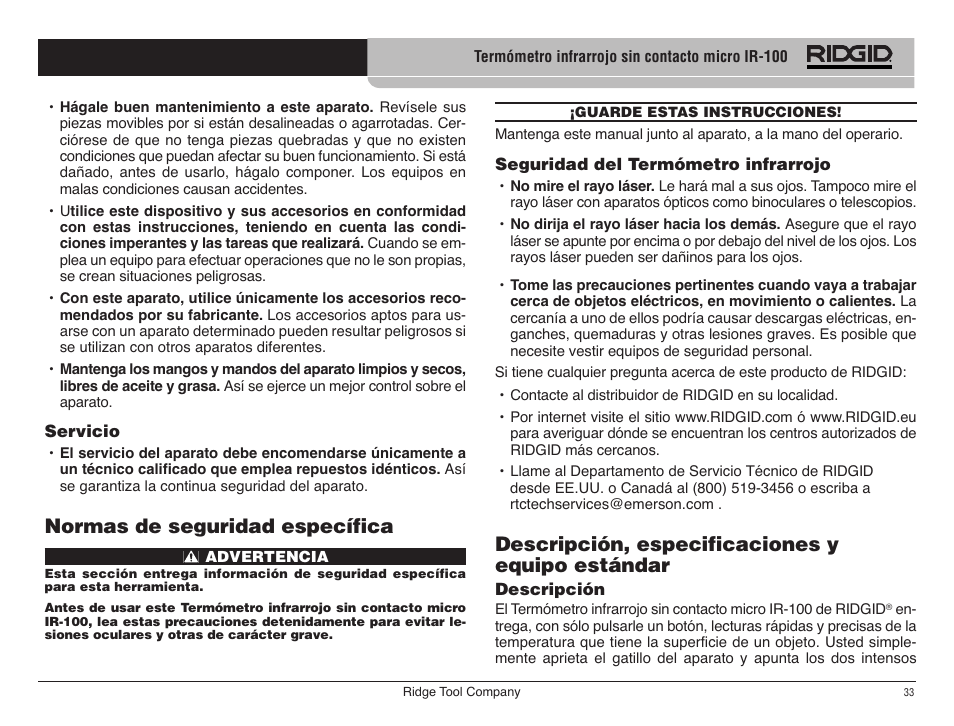 Descripción, especificaciones y equipo estándar, Normas de seguridad específica | RIDGID micro IR-100 User Manual | Page 35 / 312