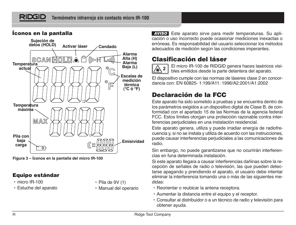 Clasificación del láser, Declaración de la fcc | RIDGID micro IR-100 User Manual | Page 38 / 312