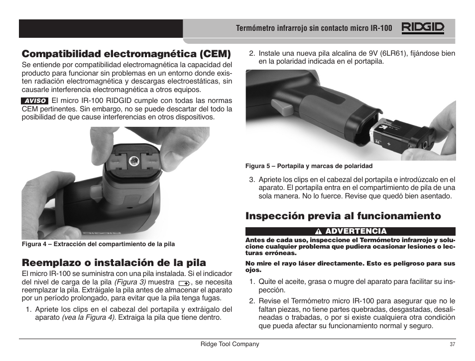 Compatibilidad electromagnética (cem), Reemplazo o instalación de la pila, Inspección previa al funcionamiento | RIDGID micro IR-100 User Manual | Page 39 / 312