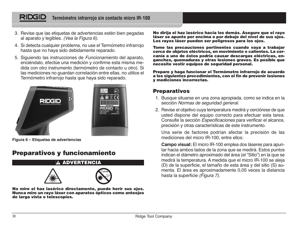 Preparativos y funcionamiento | RIDGID micro IR-100 User Manual | Page 40 / 312