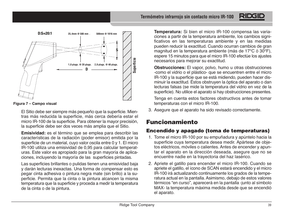 Funcionamiento | RIDGID micro IR-100 User Manual | Page 41 / 312