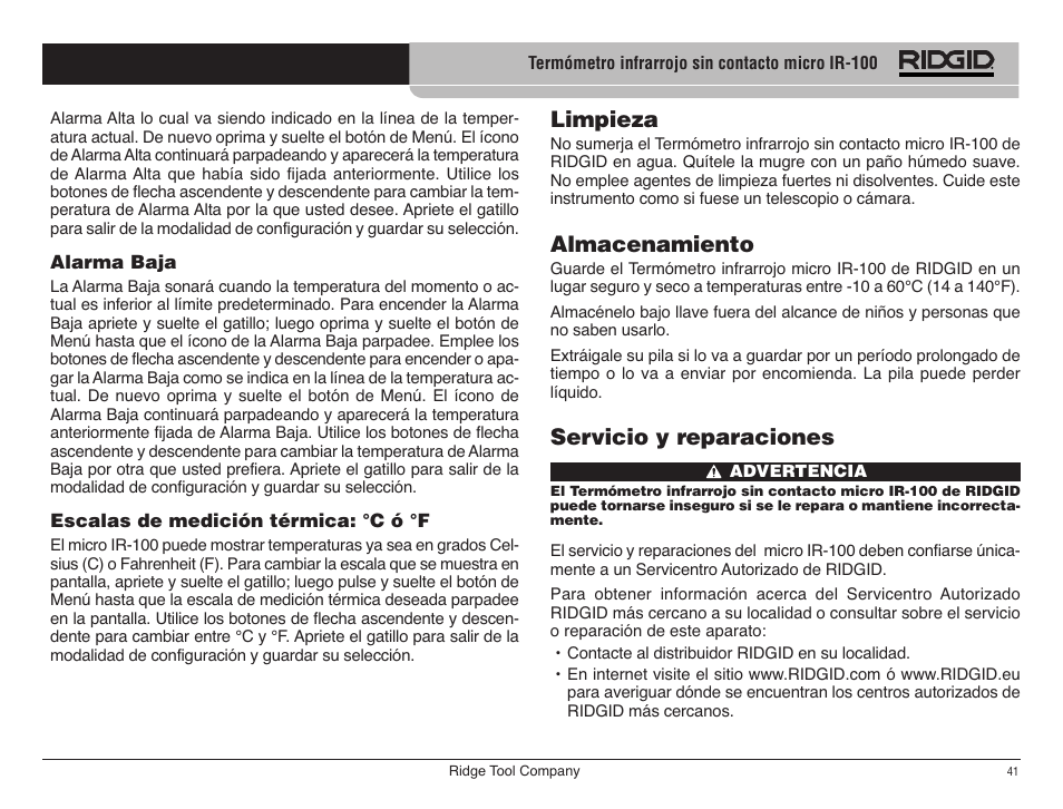Limpieza, Almacenamiento, Servicio y reparaciones | RIDGID micro IR-100 User Manual | Page 43 / 312