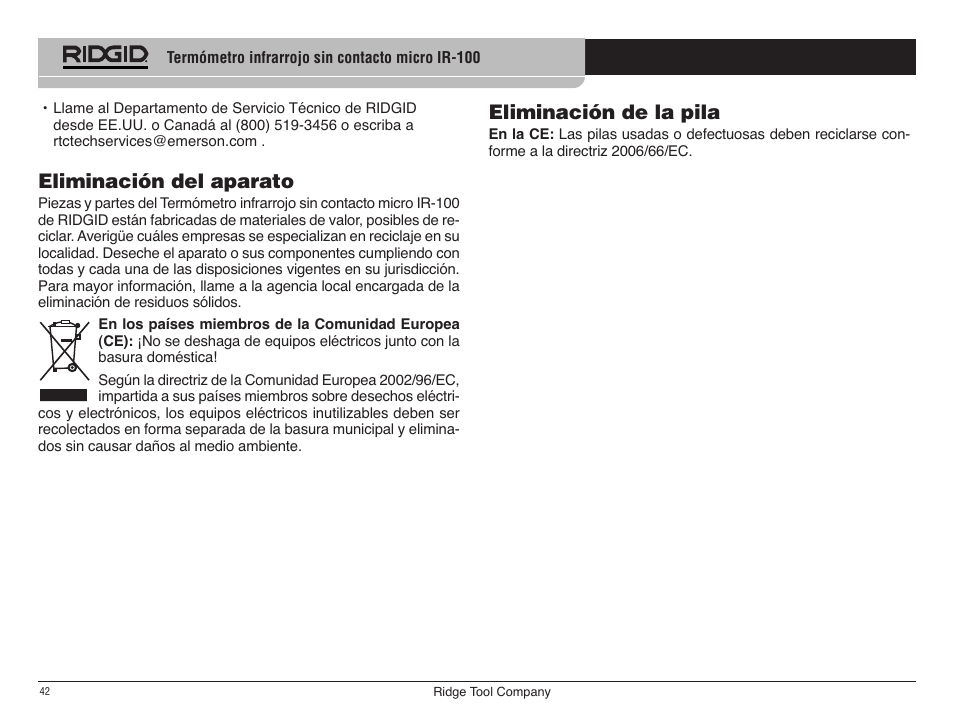 Eliminación de la pila, Eliminación del aparato | RIDGID micro IR-100 User Manual | Page 44 / 312