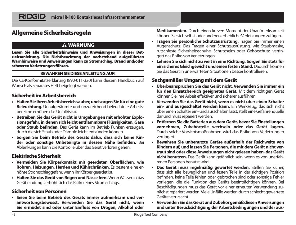 Allgemeine sicherheitsregeln | RIDGID micro IR-100 User Manual | Page 48 / 312