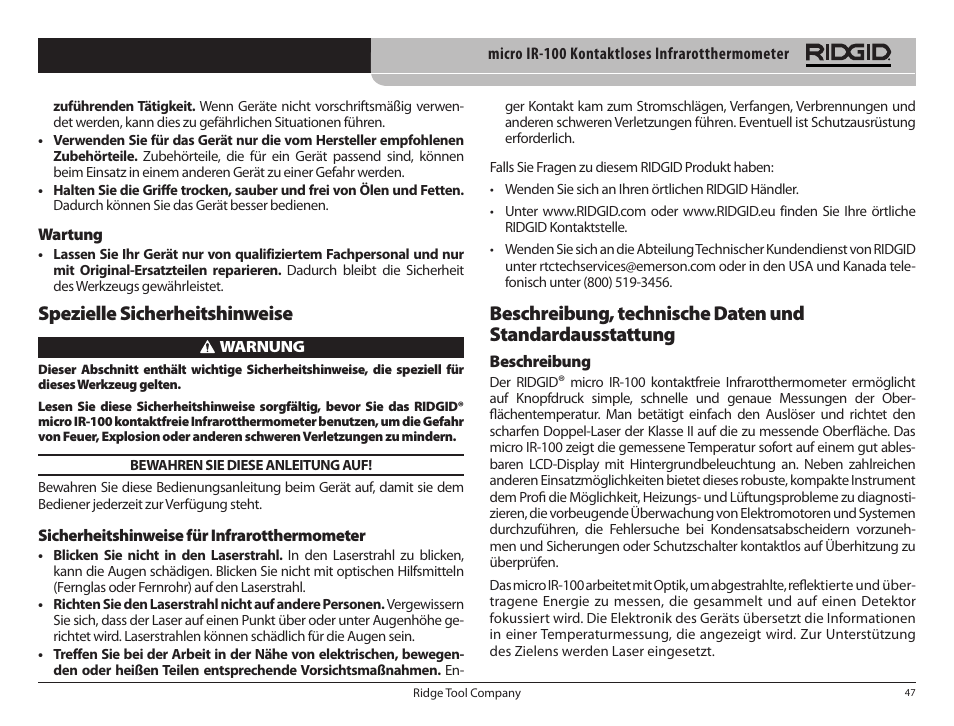 Spezielle sicherheitshinweise | RIDGID micro IR-100 User Manual | Page 49 / 312