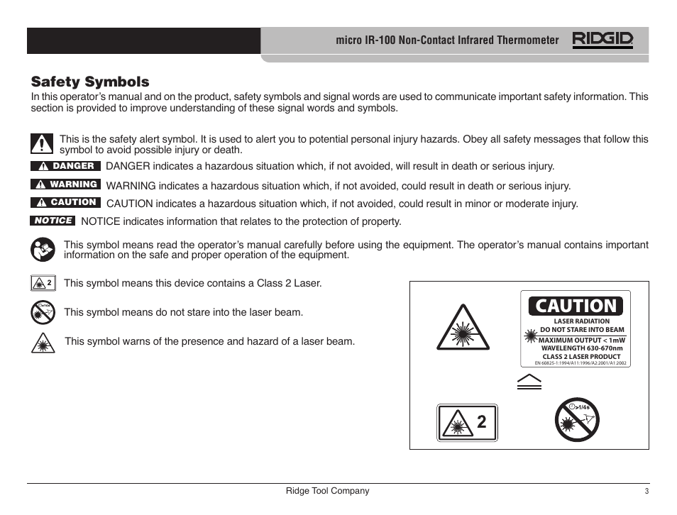 Caution, Safety symbols | RIDGID micro IR-100 User Manual | Page 5 / 312