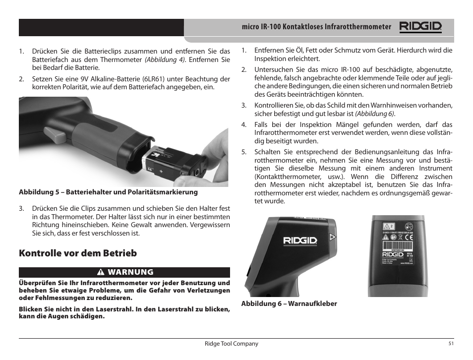 Kontrolle vor dem betrieb | RIDGID micro IR-100 User Manual | Page 53 / 312