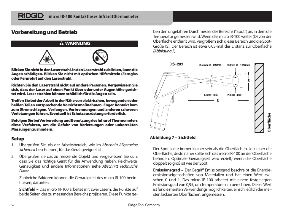 Vorbereitung und betrieb | RIDGID micro IR-100 User Manual | Page 54 / 312