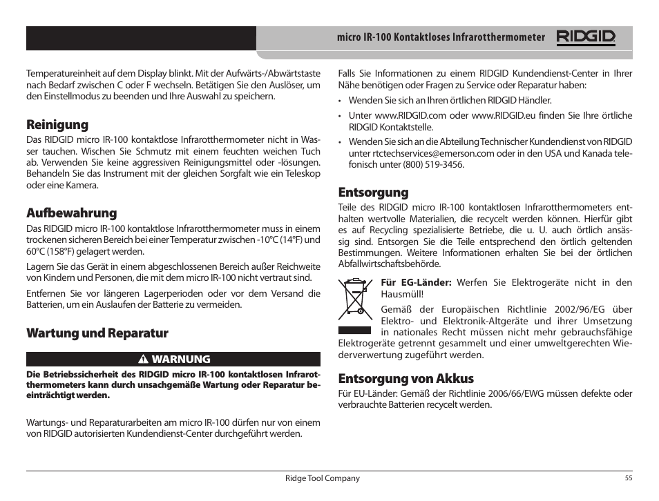 Reinigung, Aufbewahrung, Wartung und reparatur | Entsorgung, Entsorgung von akkus | RIDGID micro IR-100 User Manual | Page 57 / 312