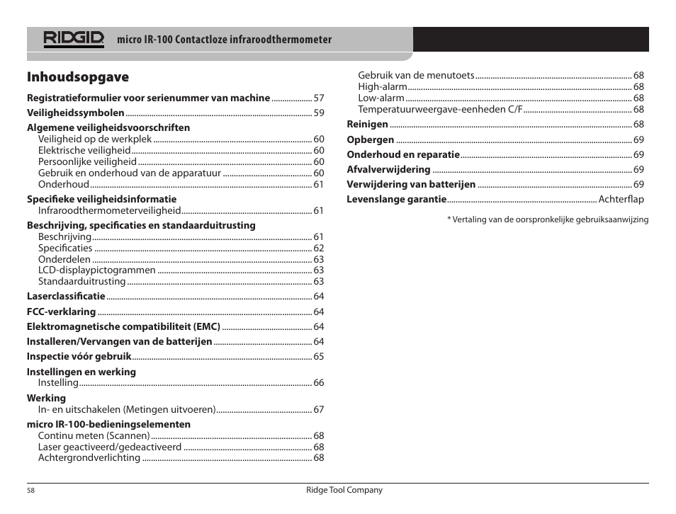 Inhoudsopgave | RIDGID micro IR-100 User Manual | Page 60 / 312