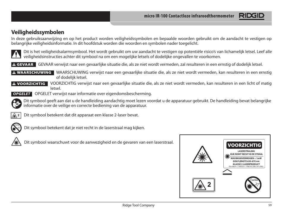 Veiligheidssymbolen, Voorzichtig | RIDGID micro IR-100 User Manual | Page 61 / 312