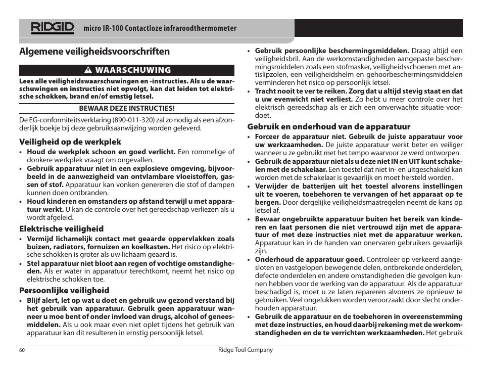 Algemene veiligheidsvoorschriften | RIDGID micro IR-100 User Manual | Page 62 / 312