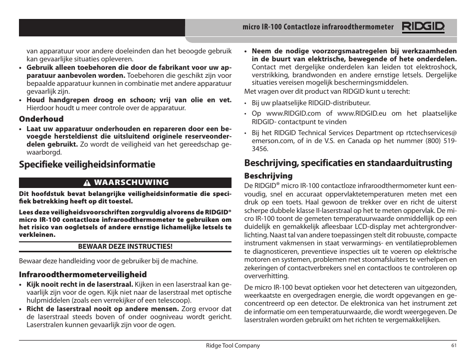 Specifieke veiligheidsinformatie, Beschrijving, specificaties en standaarduitrusting | RIDGID micro IR-100 User Manual | Page 63 / 312