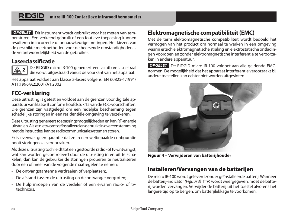Laserclassificatie, Fcc-verklaring, Elektromagnetische compatibiliteit (emc) | Installeren/vervangen van de batterijen | RIDGID micro IR-100 User Manual | Page 66 / 312