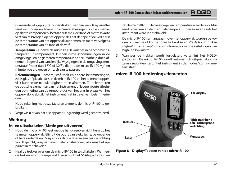 Micro ir-100-bedieningselementen, Werking | RIDGID micro IR-100 User Manual | Page 69 / 312