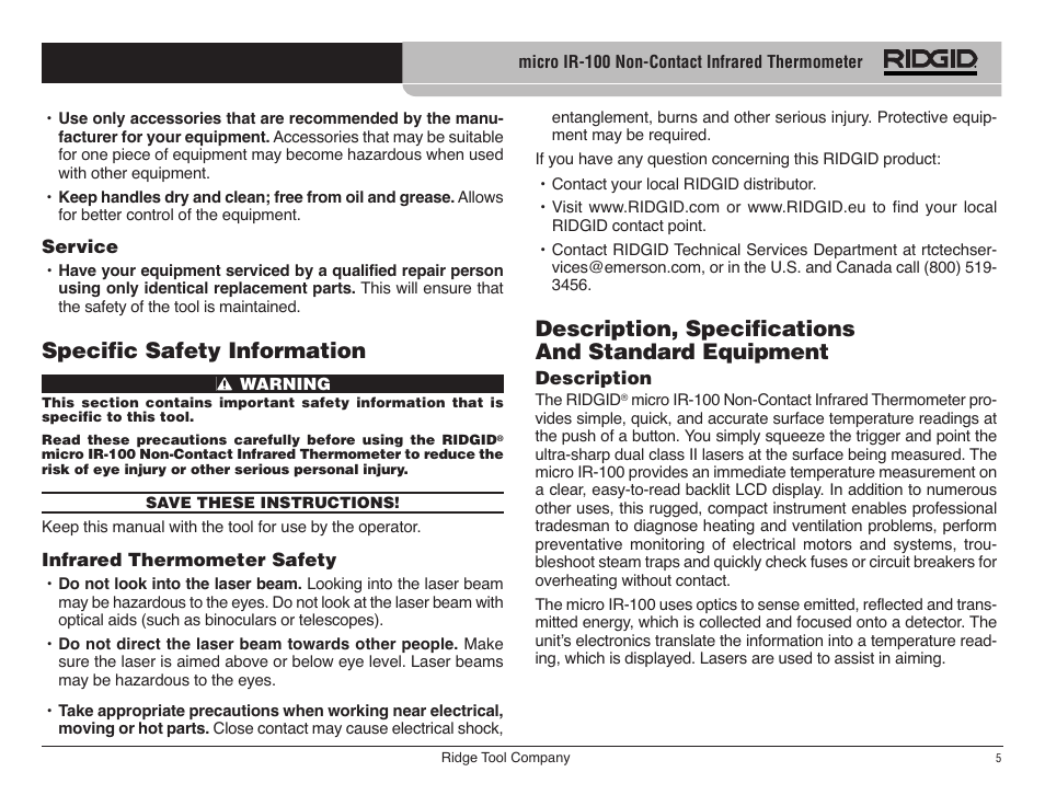 Description, specifications and standard equipment, Specific safety information | RIDGID micro IR-100 User Manual | Page 7 / 312