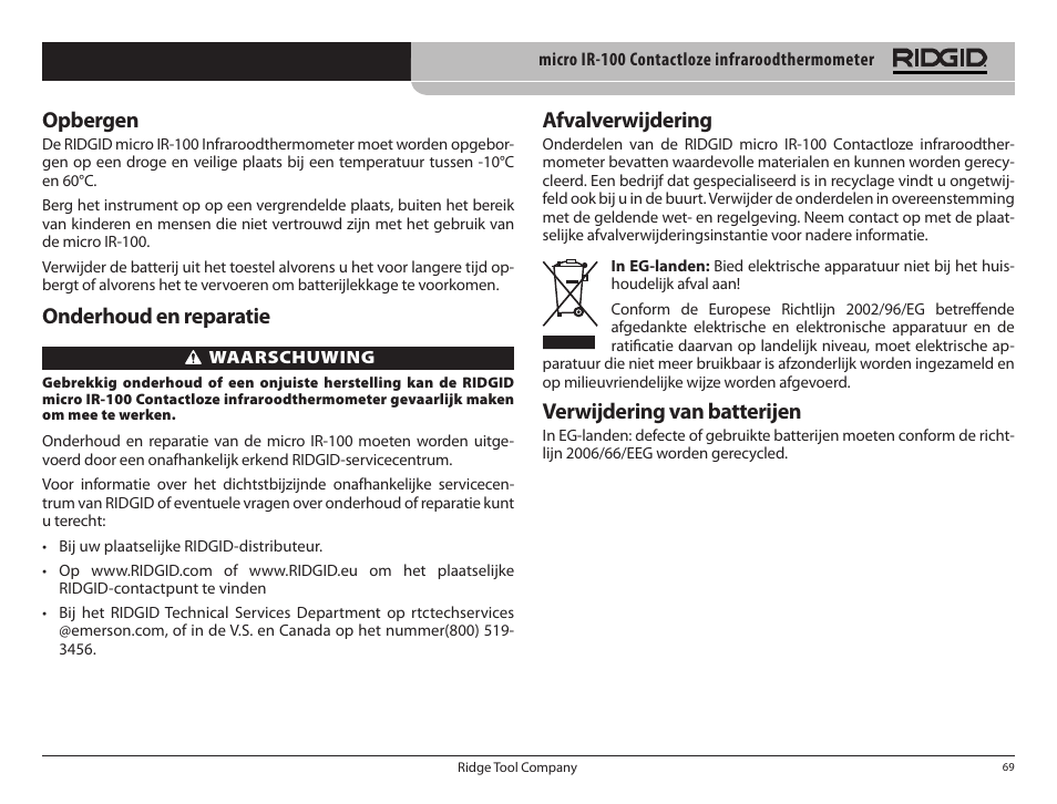 Opbergen, Onderhoud en reparatie, Afvalverwijdering | Verwijdering van batterijen | RIDGID micro IR-100 User Manual | Page 71 / 312