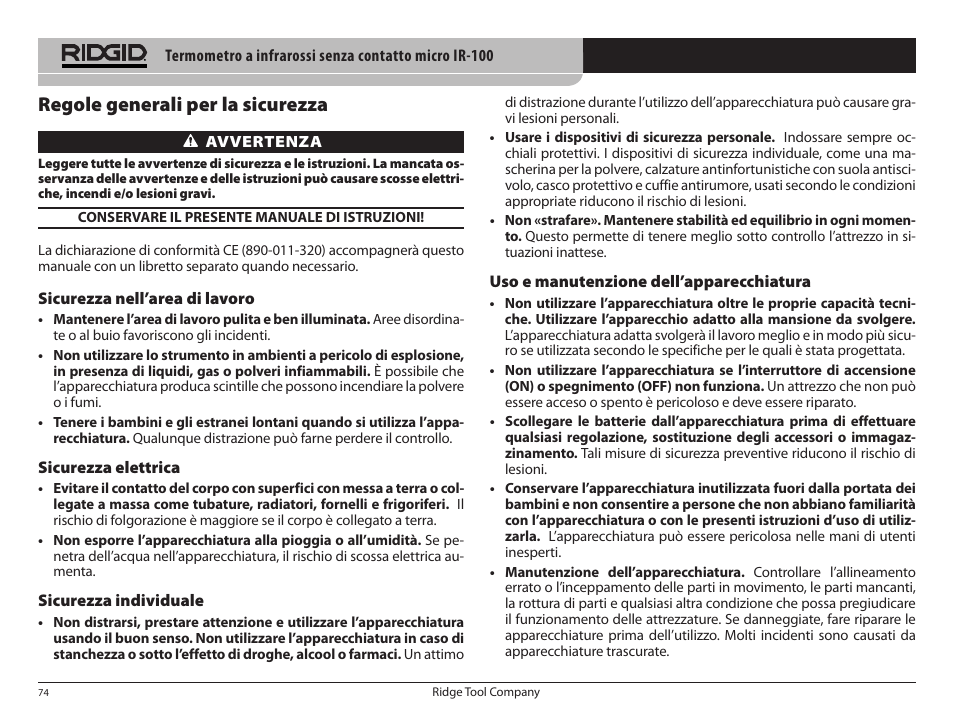 Regole generali per la sicurezza | RIDGID micro IR-100 User Manual | Page 76 / 312