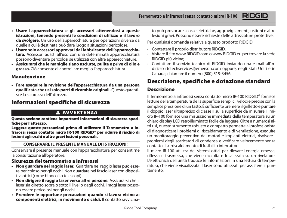 Informazioni specifiche di sicurezza, Descrizione, specifiche e dotazione standard | RIDGID micro IR-100 User Manual | Page 77 / 312