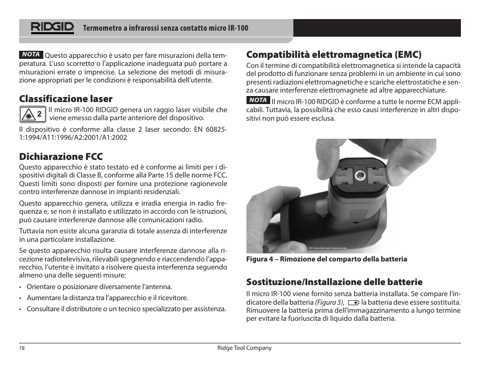 Classificazione laser, Dichiarazione fcc, Compatibilità elettromagnetica (emc) | Sostituzione/installazione delle batterie | RIDGID micro IR-100 User Manual | Page 80 / 312