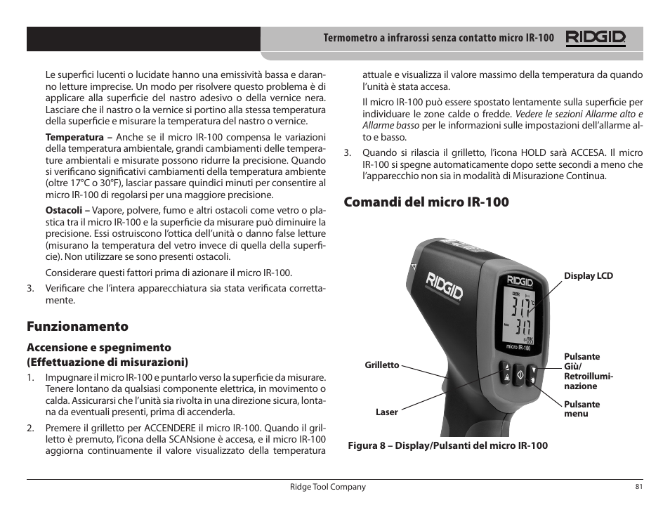 Comandi del micro ir-100, Funzionamento | RIDGID micro IR-100 User Manual | Page 83 / 312