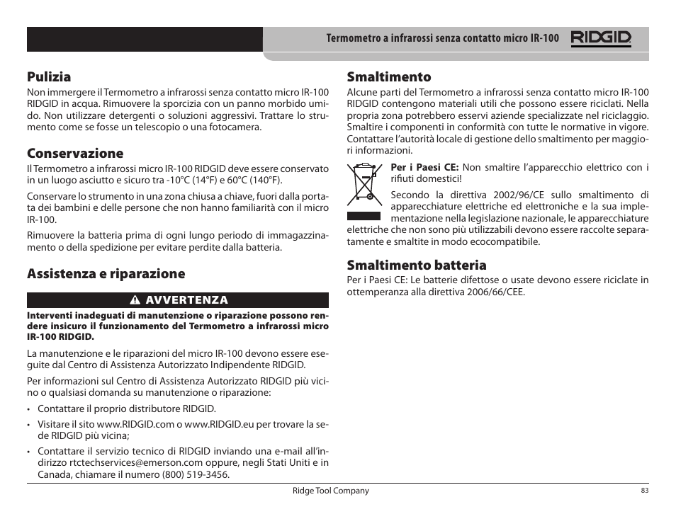 Smaltimento, Smaltimento batteria, Pulizia | Conservazione, Assistenza e riparazione | RIDGID micro IR-100 User Manual | Page 85 / 312